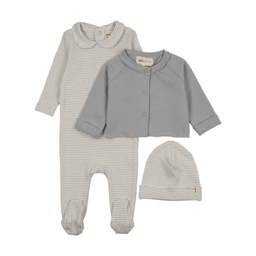 Mema Knits - Striped Collared Footie + Cardigan Four Piece Set + BLANKET - Dove Blue