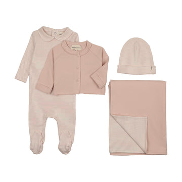 Mema Knits - Striped Collared Footie + Cardigan Four Piece Set - Pale Rose