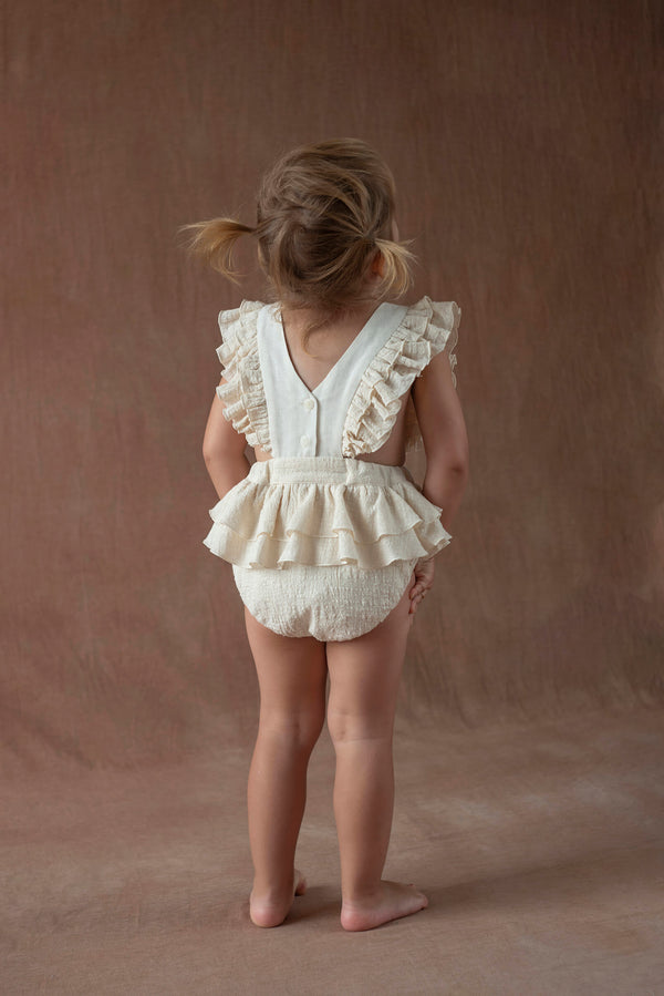 Popelin Off-white romper suit with embroidered bib (Mod.3.1)