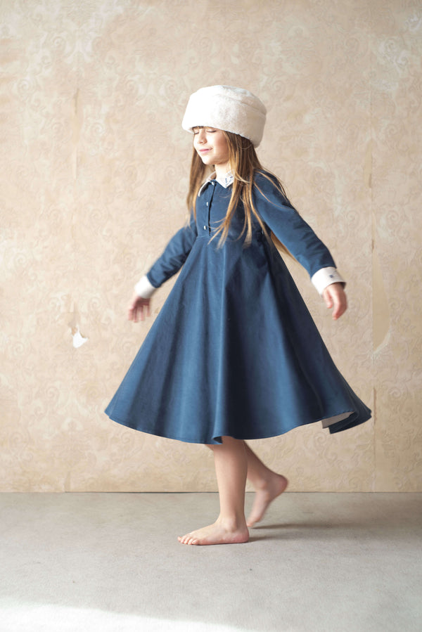 Popelin Blue Velvet Dress With Cape-Style Skirt And Embroidered Collar (Mod 32.1)