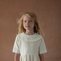 Popelin Off-white short dress with embroidered bib collar (Mod.41.1)