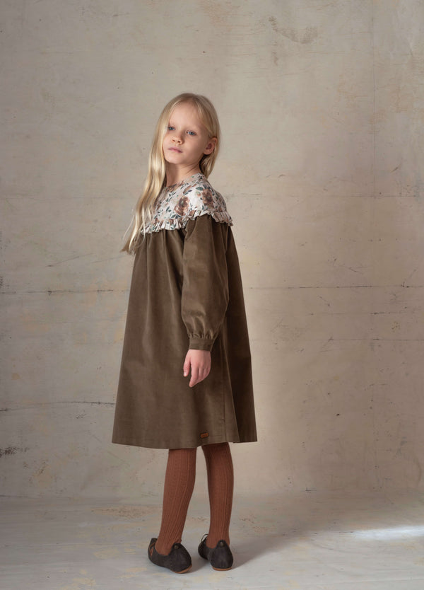 Popelin Green Velvet Floral Dress With Yoke (Mod 41.3)