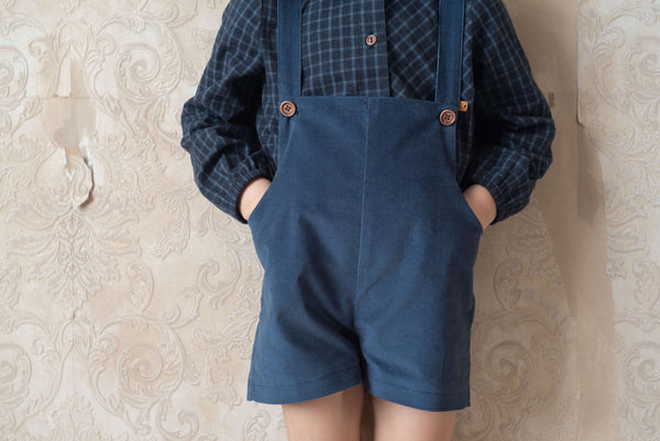 Popelin Blue Velvet Short Romper Suit With Pockets (Mod 7.2)