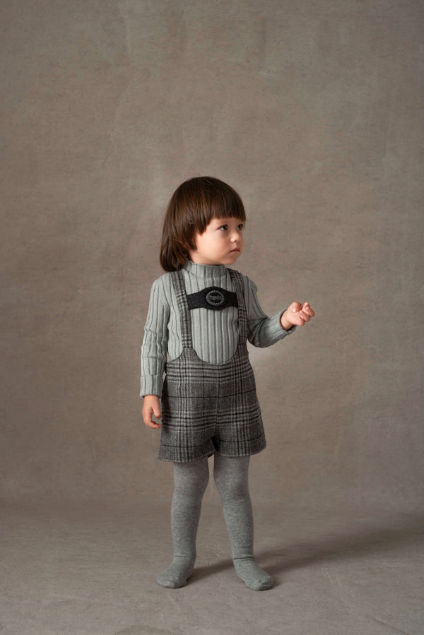 Popelin Grey Plaid Woollen Short Dungarees With Embroidery Appliqué (Mod 9.5)