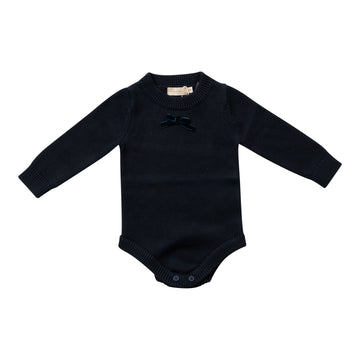 Numu Velvet Bow Mockneck Onesie - Navy