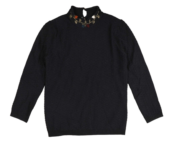 Noma Navy Floral Embroided Neck Turtleneck (NKN752)