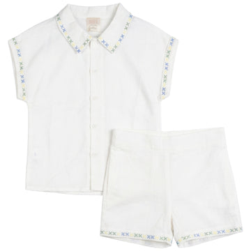 Pompomme White Cross Stitched Embroidered Linen Set P7410