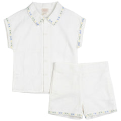 Pompomme White Cross Stitched Embroidered Linen Set P7410