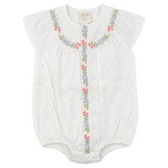 Pompomme White Cross Stitched Embroidered Linen Romper Bg P7510
