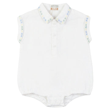 Pompomme White Cross Stitched Embroidered Linen Romper Bb P7570