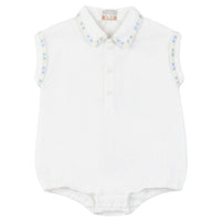 Pompomme White Cross Stitched Embroidered Linen Romper Bb P7570