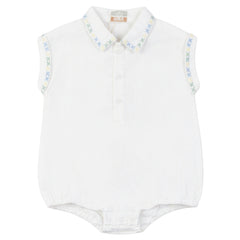 Pompomme White Cross Stitched Embroidered Linen Romper Bb P7570