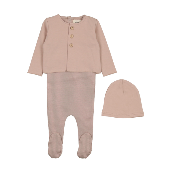 Mema Knits Dusty Pink/Oatmeal Striped Footie With Cardigan + Beanie