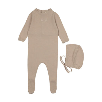 Peluche Taupe Signature Knit Footie + Bonnet