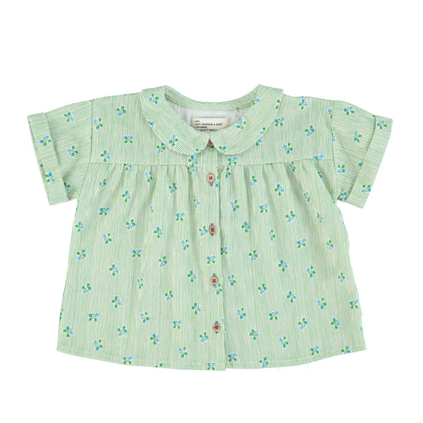 Piupiuchick Green Stripes w/ Little Flowers Peter Pan Collar Shirt