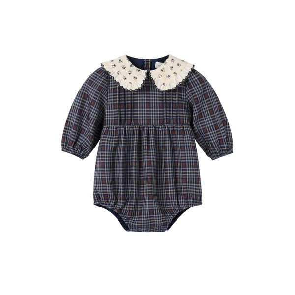 Nou Nelle Plaid Romper with Floral Collar