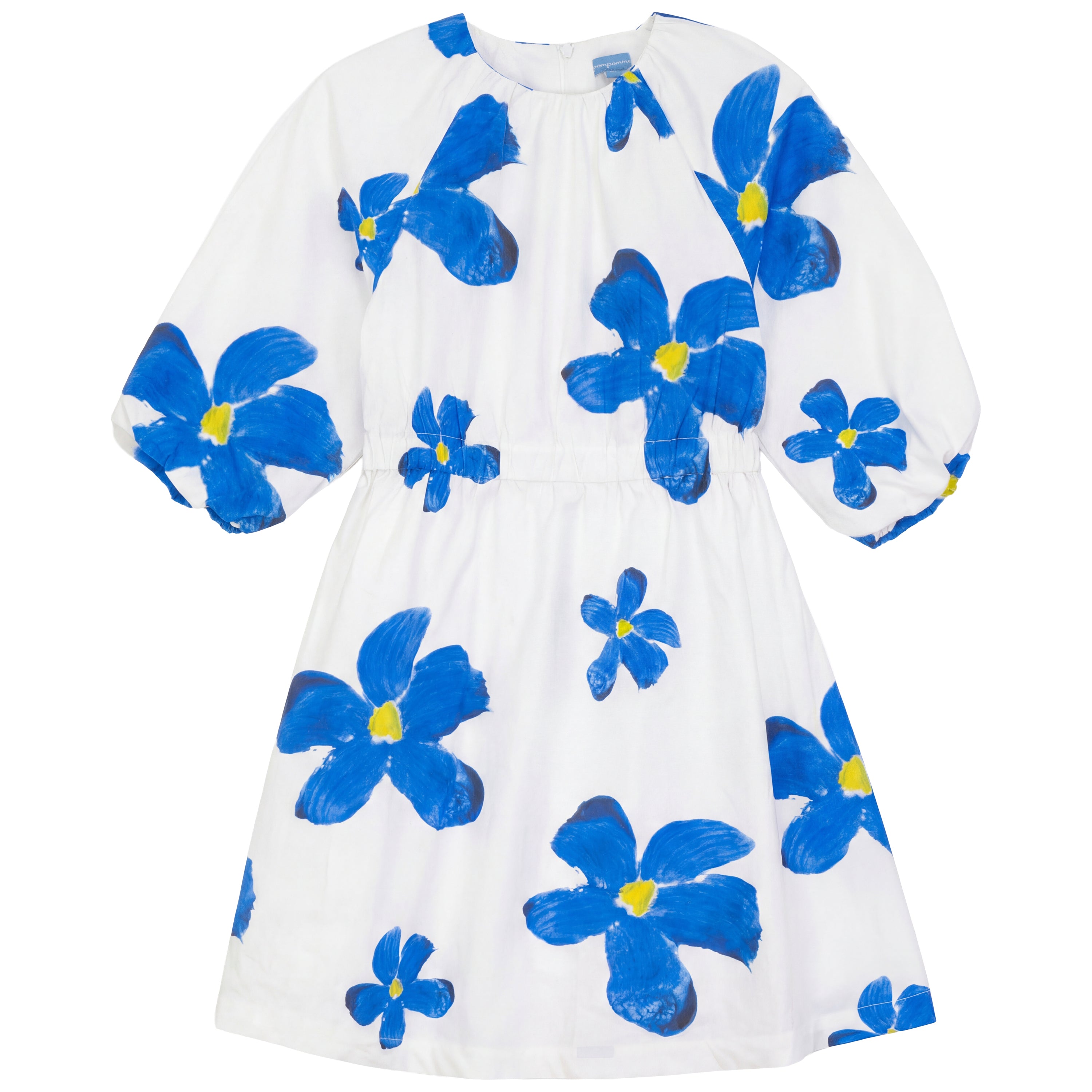 white dress with blue and pink flowers Pompomme White/Blue Painted Flower Waisted Dress P7264