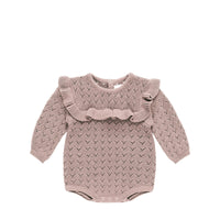 Quincy Mae Long Sleeve Pointelle Ruﬄe Romper Mauve