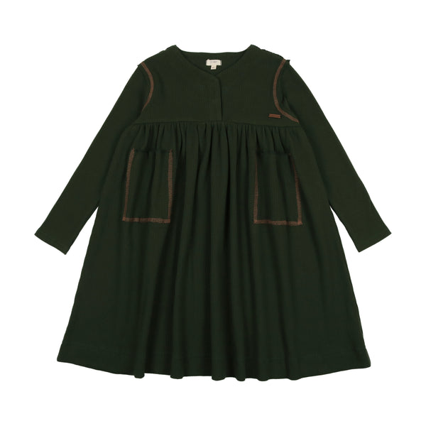 Lil Legs Ribbed Placket Dress Green/Camel