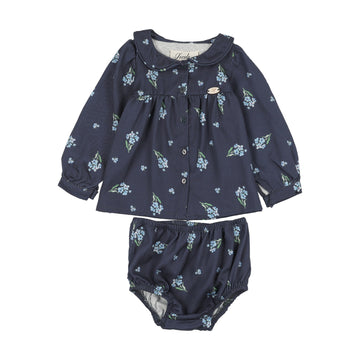Secolo Regal Buttoned Front Floral Set - Navy