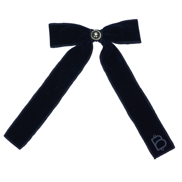 Bandeau Navy Flower Button Large Bow Clip (long) Rich Velvet+ Add on Embellishments ( FINAL SALE )