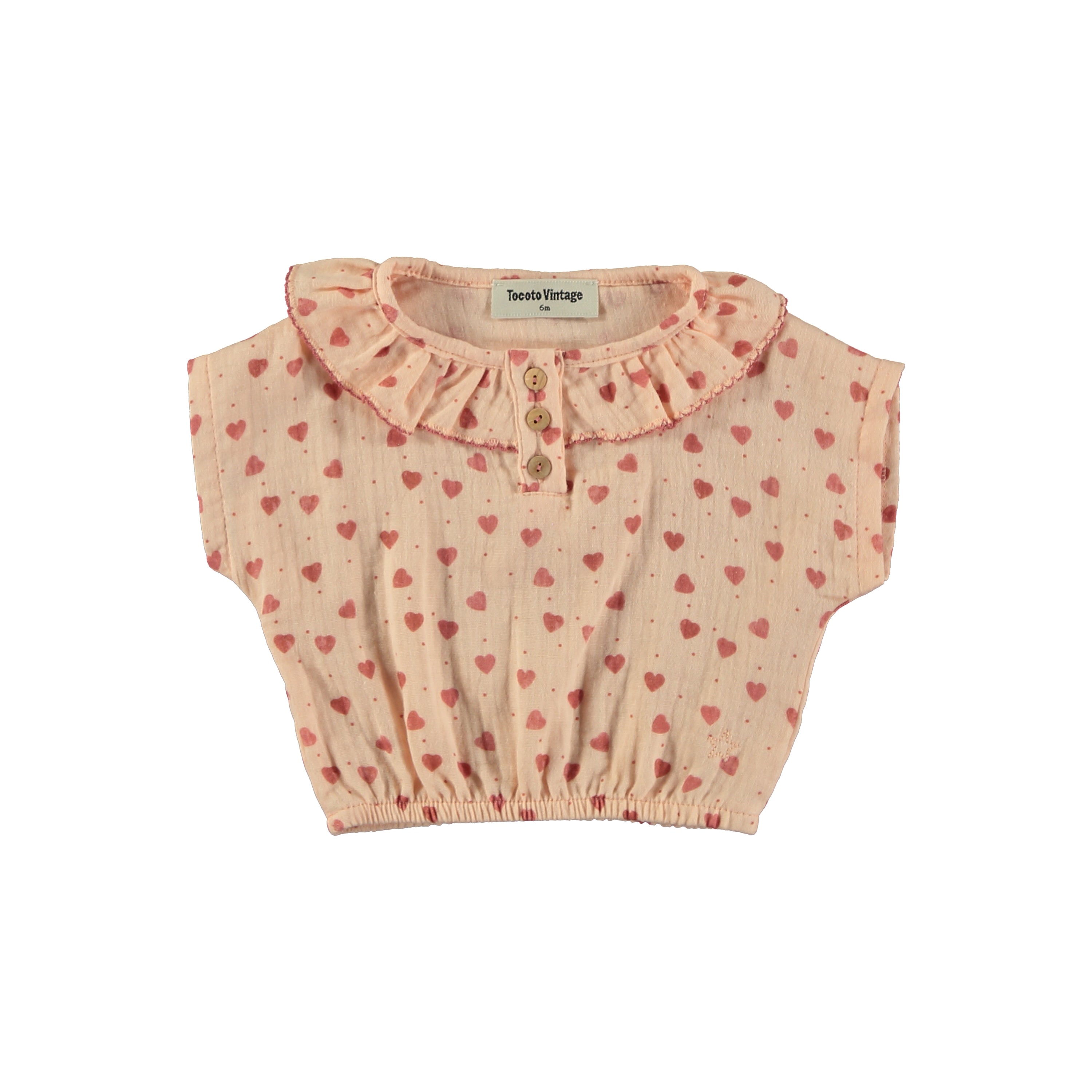 Tocoto Vintage Pink Baby Short Sleeve Blouse With Hearts | Buttons