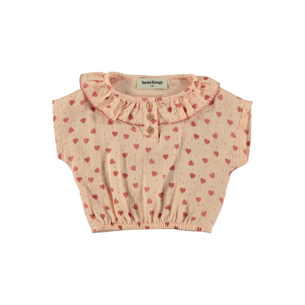 Tocoto Vintage Pink Baby Short Sleeve Blouse With Hearts