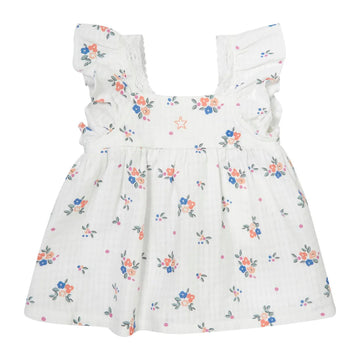 Tocoto Vintage Off White Ruffled Short Blouse With Flowers Print And Straps