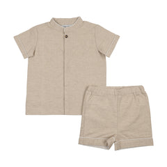 Kin And Kin Stand Up Collar Shirt+Shorts Shabbos Set - Beige/ White Piping