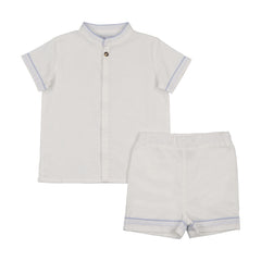 Kin And Kin Stand Up Collar Shirt+Shorts Shabbos Set - White/ Light Blue Piping