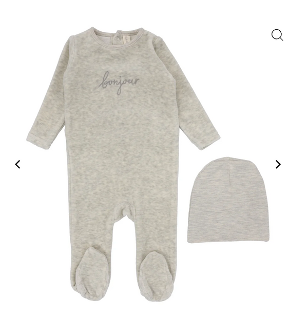 Lilette By Lil Legs Velour Bonjour Footie Set Heathered Oatmeal