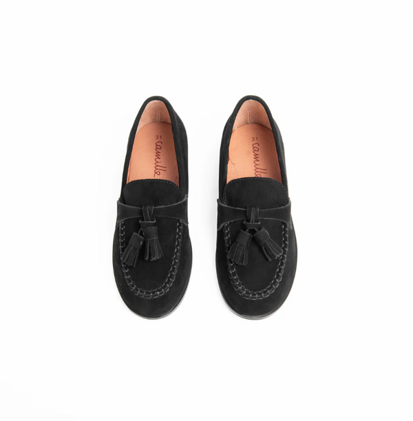 Camille Tassel Clunky Stella Black Suede Shoes