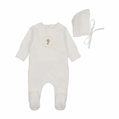 Bee and Dee Chalk White Boys Crochette Velour Footie