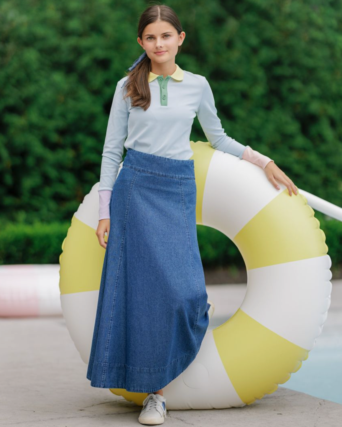 Daintti by Velvette Label Denim A Line Maxi Skirt | Buttons Bebe