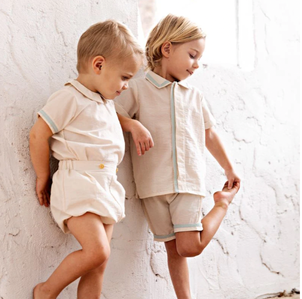 RetroKid Cream/ Blue Bennet Baby Boy Button Up Set