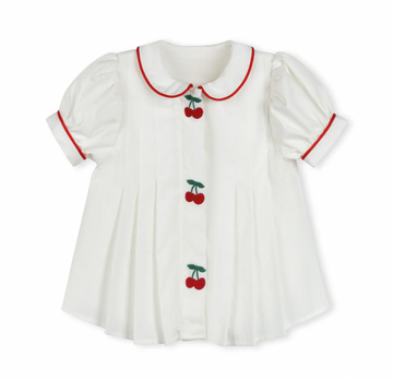 One Child White Tessa Embroidered Cherry Pleated Blouse