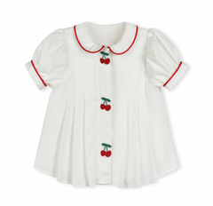 One Child White Tessa Embroidered Cherry Pleated Blouse