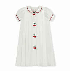 One Child White Tessa Embroidered Cherry Pleated Dress