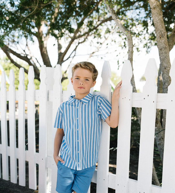 Analogie By Lil Legs Downtown Boys SS Button Down Shirt - Fresh Blue Stripe