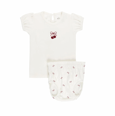 Aurora Pointelle Bow Print Collection Ivory Pink Tshirt + Bloomer