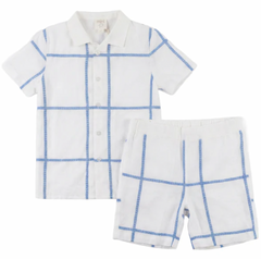 Pompomme White/Blue Plaid Emroidered Detail Shirt Set P7422