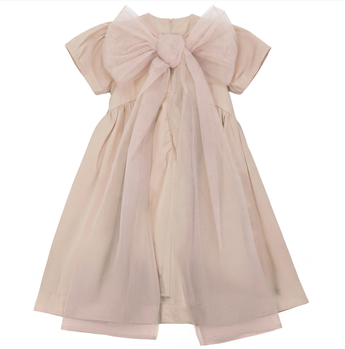 Pompomme Beige Tulle Bow Detail Dress P7298 (SHORT SLEEVES) | Buttons Bebe Pompomme Beige Tulle Bow Detail Dress P7298 (SHORT SLEEVES) | Buttons Bebe