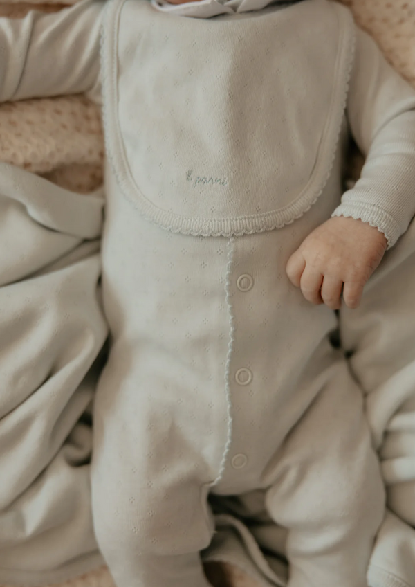 Little Parni Lt Blue Pointelle Collar Footie + Bonnet + Bib (K656)
