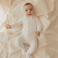 Little Parni White Pink Pointelle Collar Footie + Bonnet + Bib (K656)