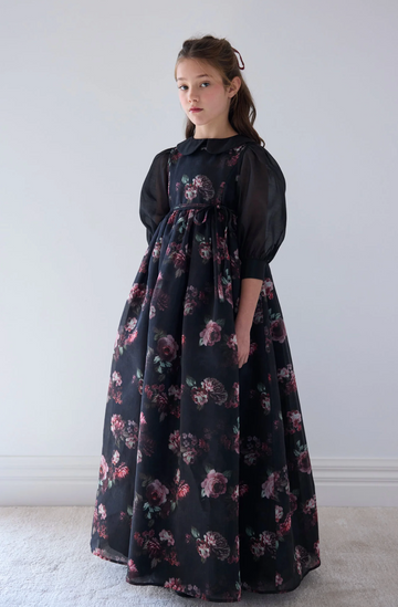 Petite Amalie Black Floral Organza Gown - Black Floral