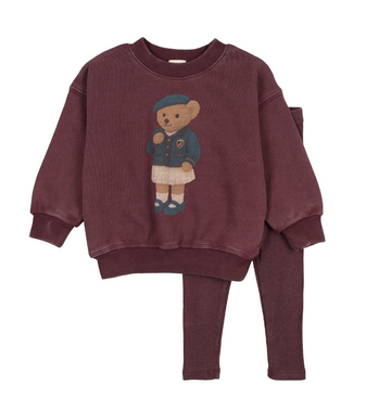 Analogy by Lil Legs Washed Burgundy Lil People Bear Sweatshirt Set Girl