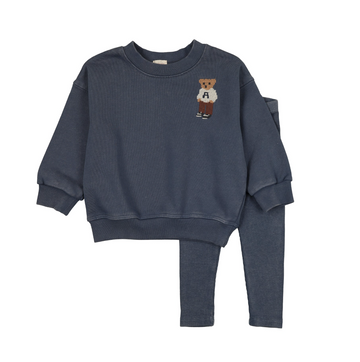 Analogy by Lil Legs Vintage Indigo Lil People Embroidered Bear Sweatshirt Set - Boy