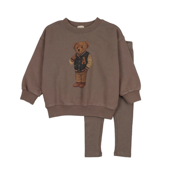 Analogy by Lil Legs Washed Brown Lil People Varsity Bear Sweatshirt Set