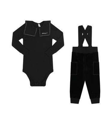 Little Parni Embroidered Collar Velour Overall Set - Black [K726]