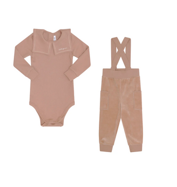 Little Parni Embroidered Collar Velour Overall Set - Pink [K726]